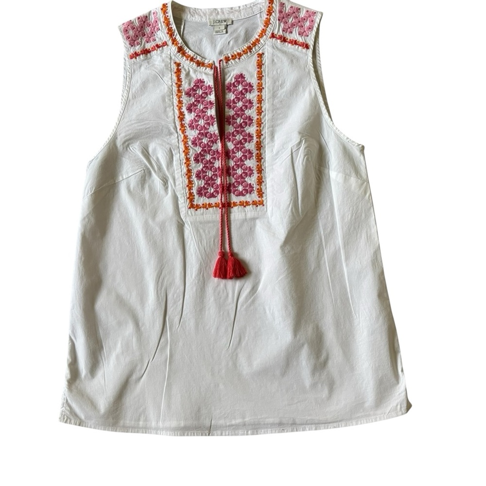 J. Crew White Sleeveless Embroidered Tunic with Pink Embroidery and Orange Trim